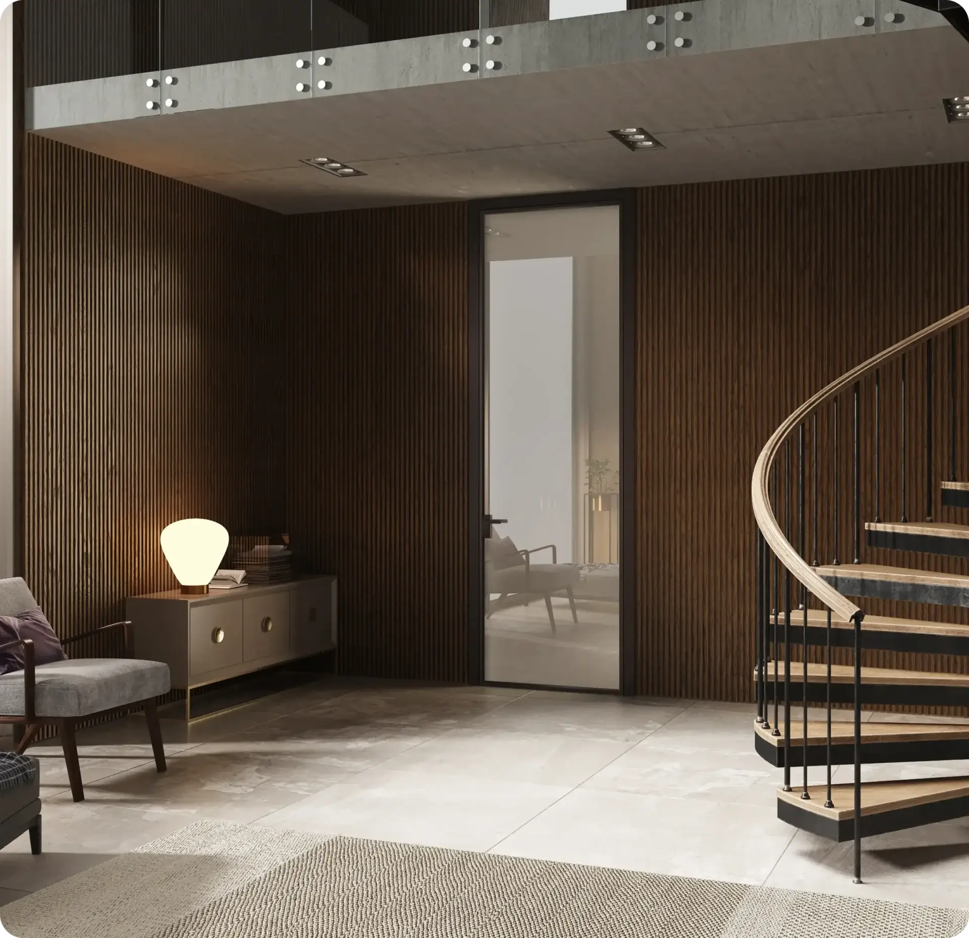 Modern interior with spiral staircase and lamp.